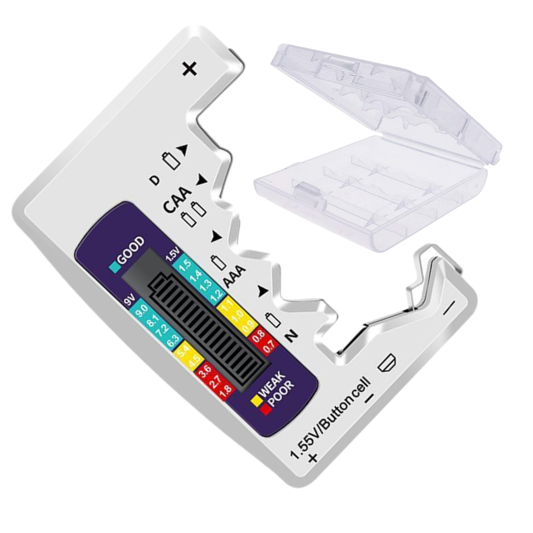 Comprobador digital de pilas compatible con pilas AA, AAA, C, D, N, 9V con caja organizador de pilas AA.