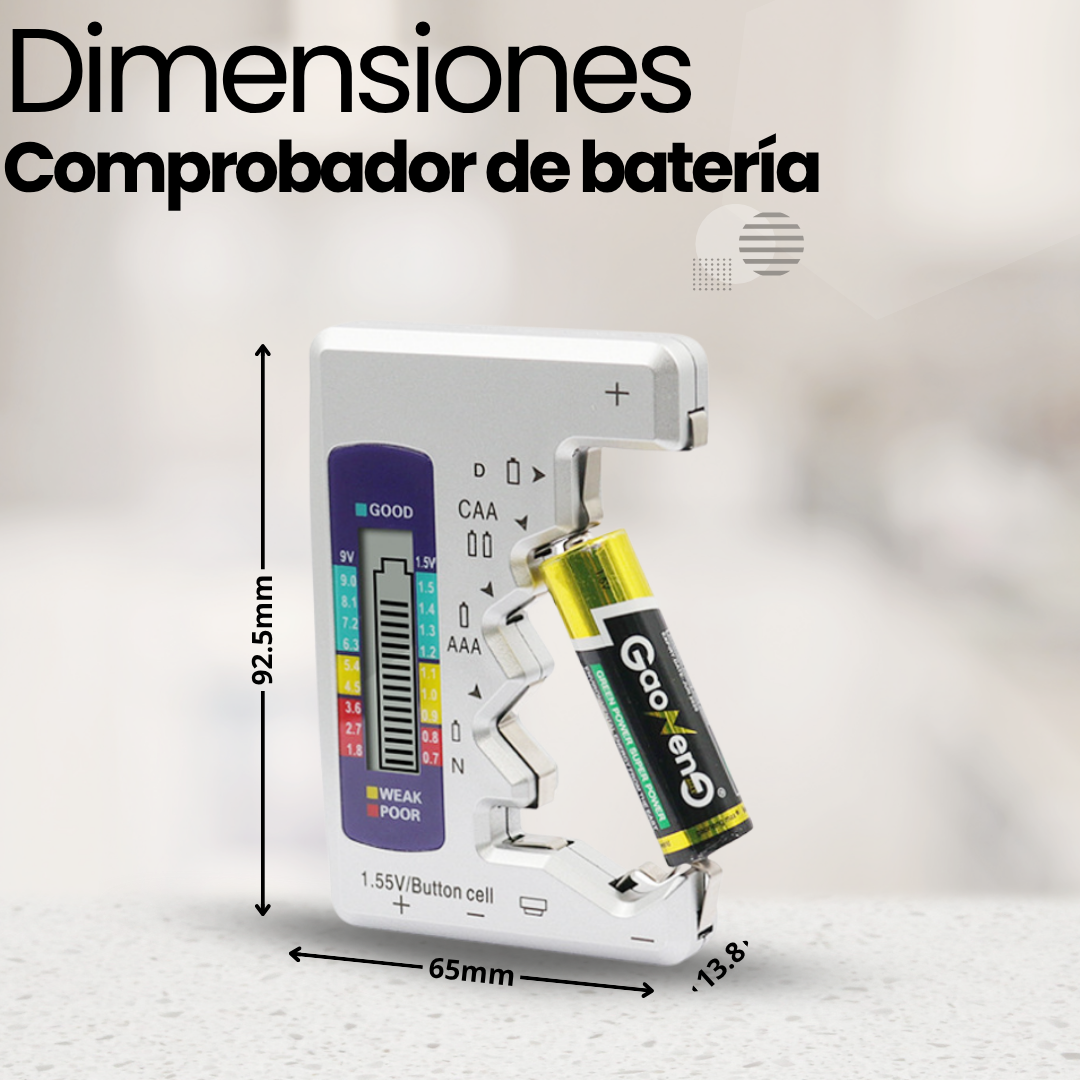 Comprobador digital de pilas compatible con pilas AA, AAA, C, D, N, 9V con caja organizador de pilas AA.