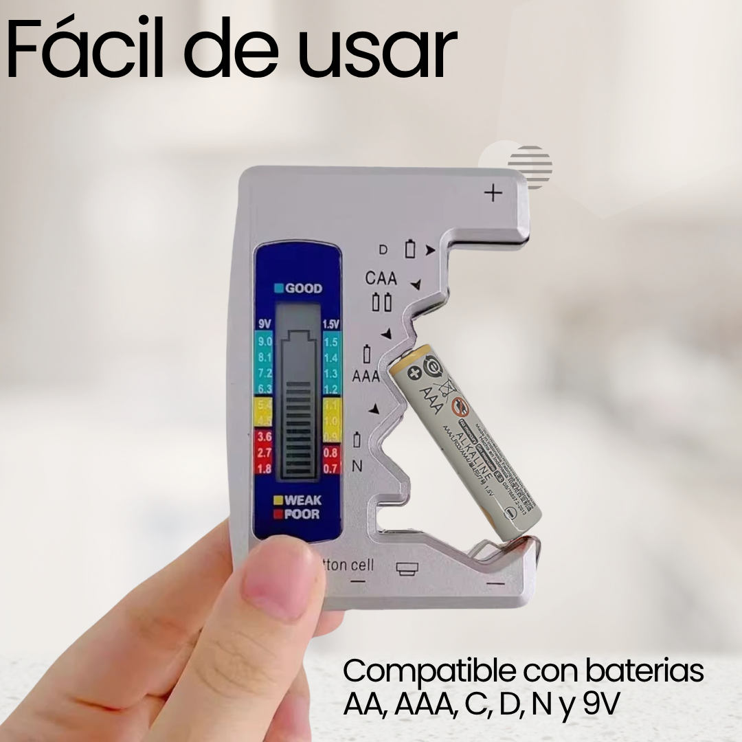 Comprobador digital de pilas compatible con pilas AA, AAA, C, D, N, 9V con caja organizador de pilas AA.