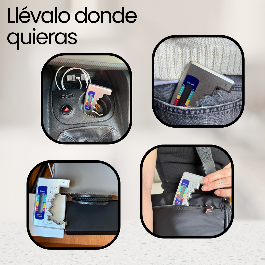 Comprobador digital de pilas compatible con pilas AA, AAA, C, D, N, 9V con caja organizador de pilas AA.